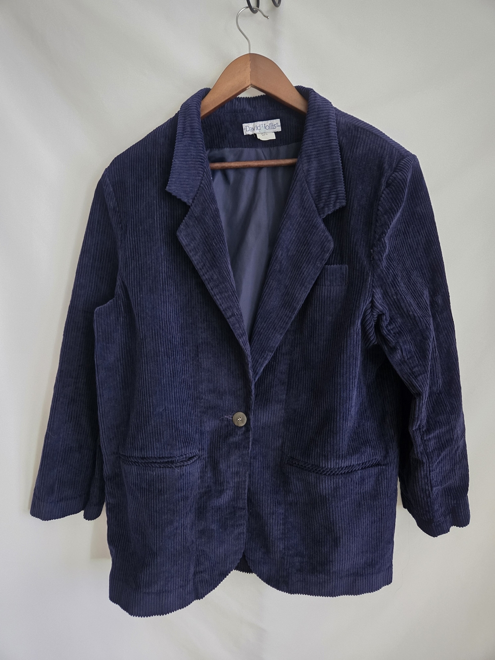 Vintage Navy Corduroy Single‑Button Blazer – David Hollis, Size 14